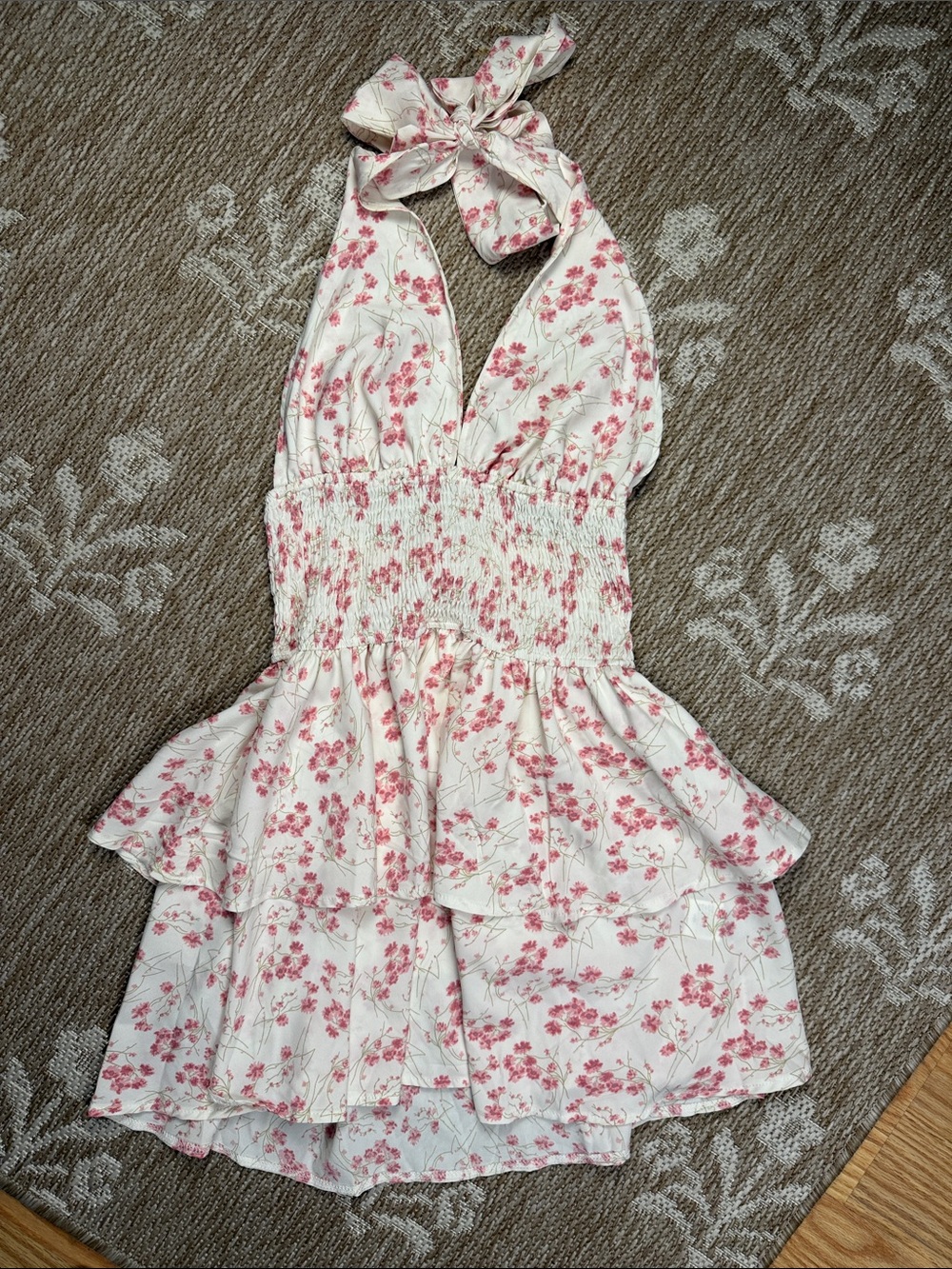 SHEIN White Floral Halter Smocked Tiered Sundress with Pink Blooms